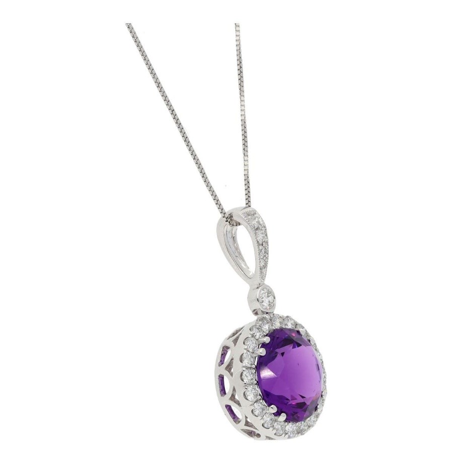 Gem Shopping Siberian Amethyst And Diamond Halo Pendant In 14K White Gold | Amethyst