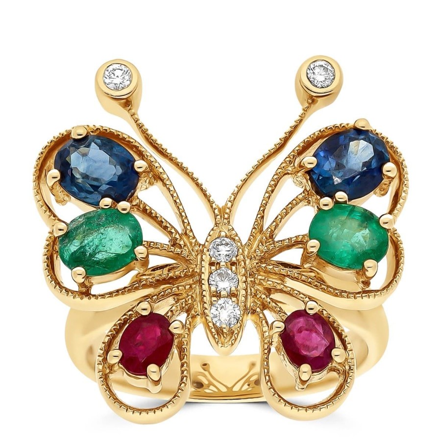 Gem Shopping Multi Gemstone Butterfly Ring In 14K Yellow Gold | Emerald