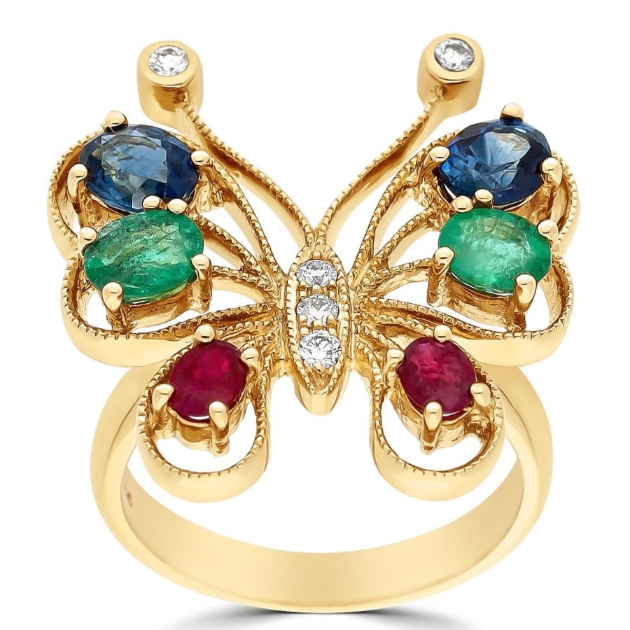 Gem Shopping Multi Gemstone Butterfly Ring In 14K Yellow Gold | Emerald