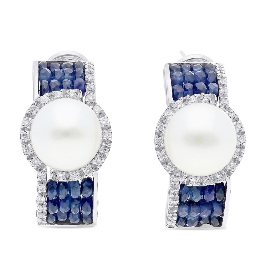 Gem Shopping Pearl, Sapphire And Diamond Huggie Hoop Earrings In 18K White Gold | Pearl