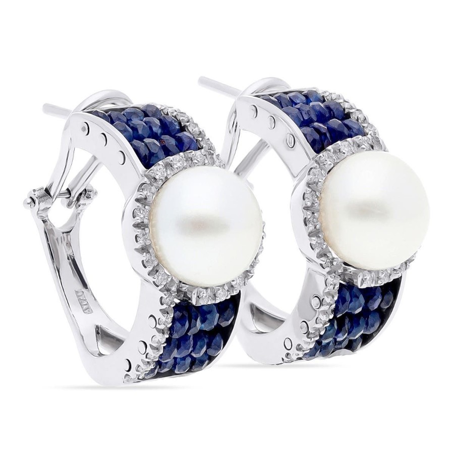 Gem Shopping Pearl, Sapphire And Diamond Huggie Hoop Earrings In 18K White Gold | Pearl