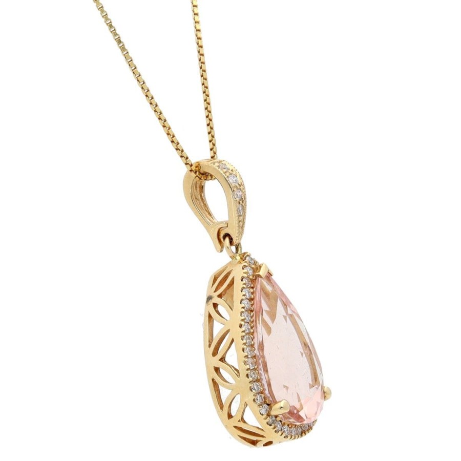 Gem Shopping Pear-Cut Morganite And Diamond Pendant In 14K Yellow Gold | Morganite