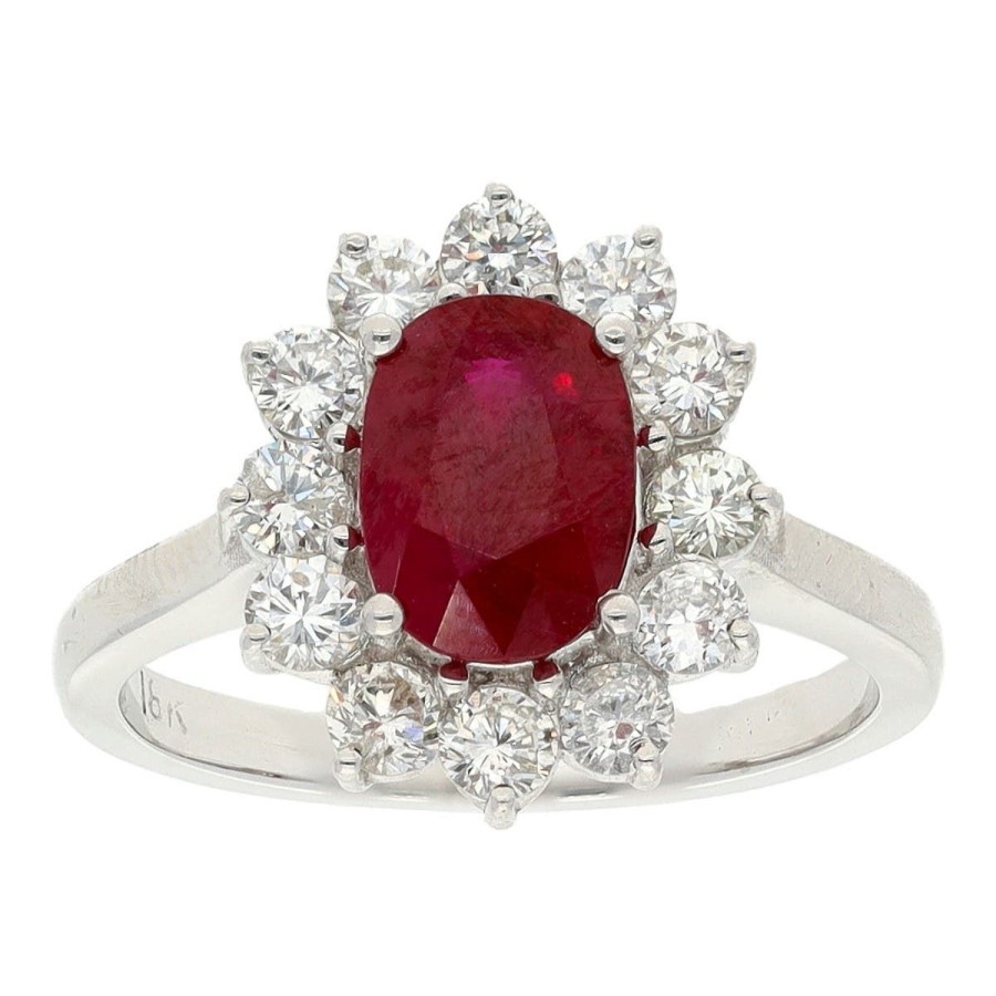 Gem Shopping Oval Ruby And Star Halo Diamond Ring In 18K White Gold | Ruby