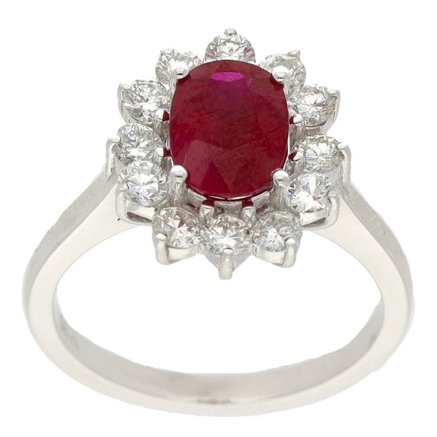 Gem Shopping Oval Ruby And Star Halo Diamond Ring In 18K White Gold | Ruby