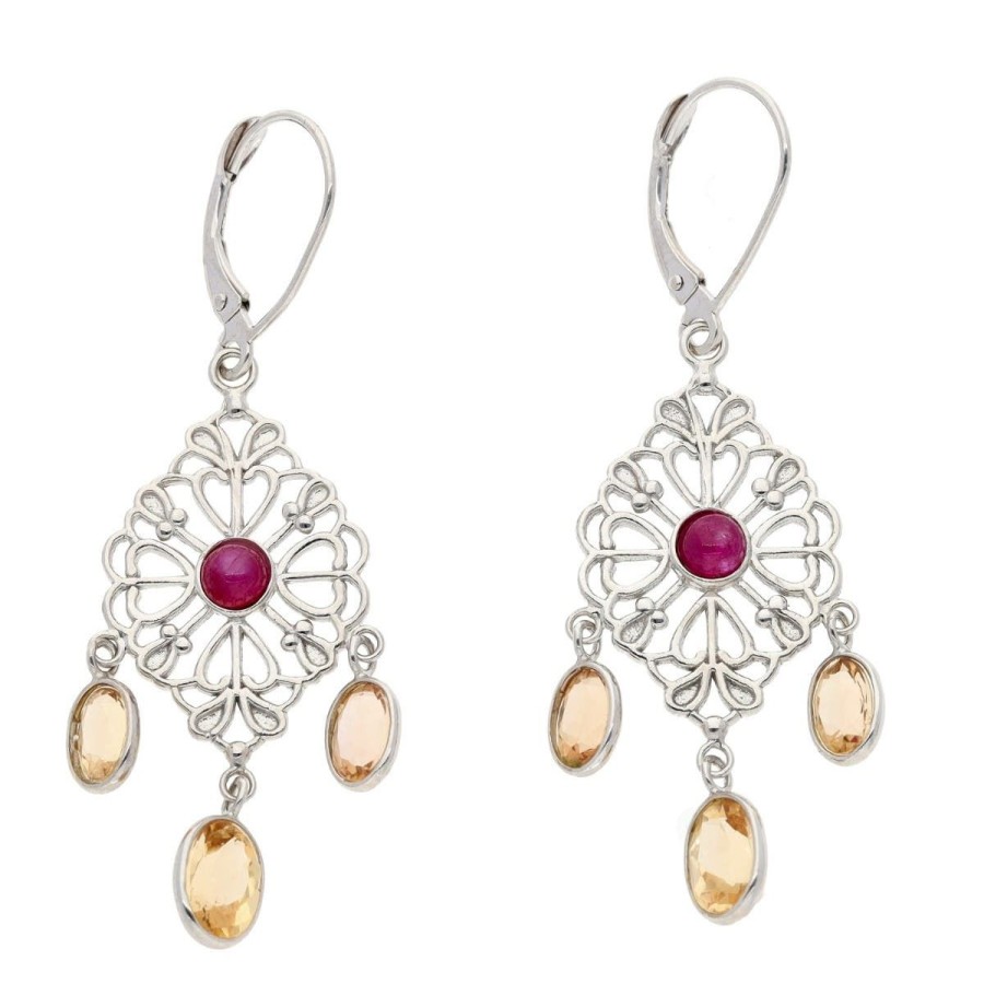 Gem Shopping Imperial Topaz And Ruby Chandelier Earrings In 14K White Gold | Imperial Topaz