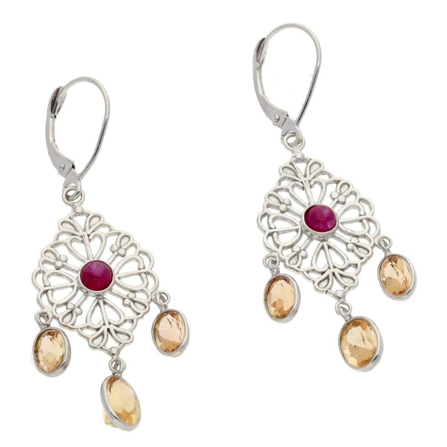 Gem Shopping Imperial Topaz And Ruby Chandelier Earrings In 14K White Gold | Imperial Topaz