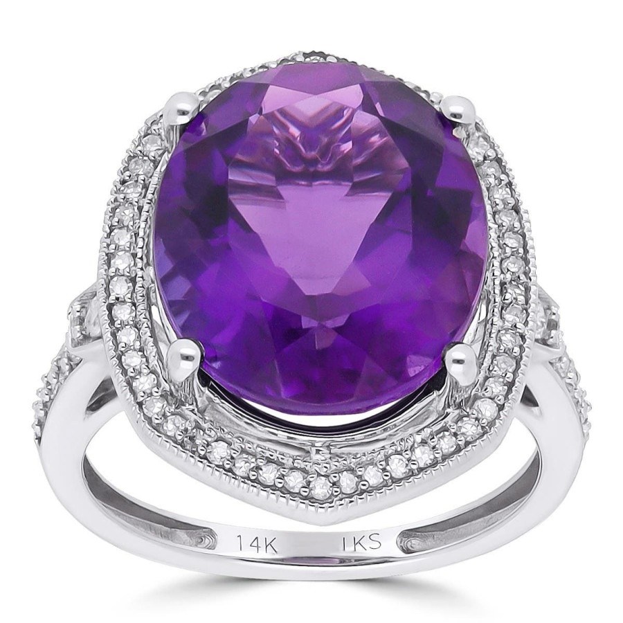 Gem Shopping Amethyst And Diamond Halo Ring In 14K White Gold | Amethyst