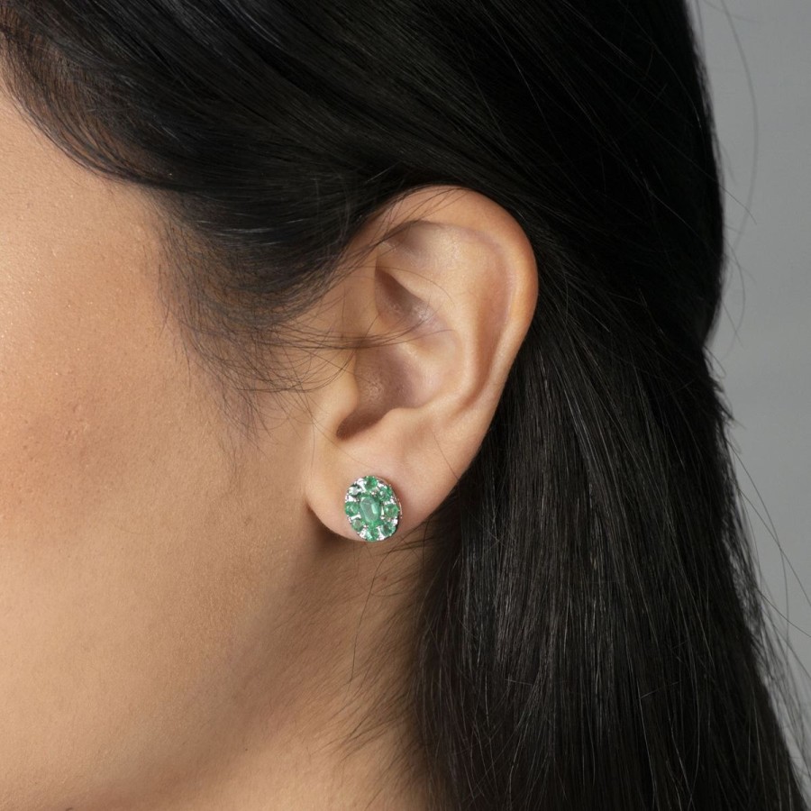 Gem Shopping Cluster Emerald Stud Earrings In 14K White Gold | Emerald