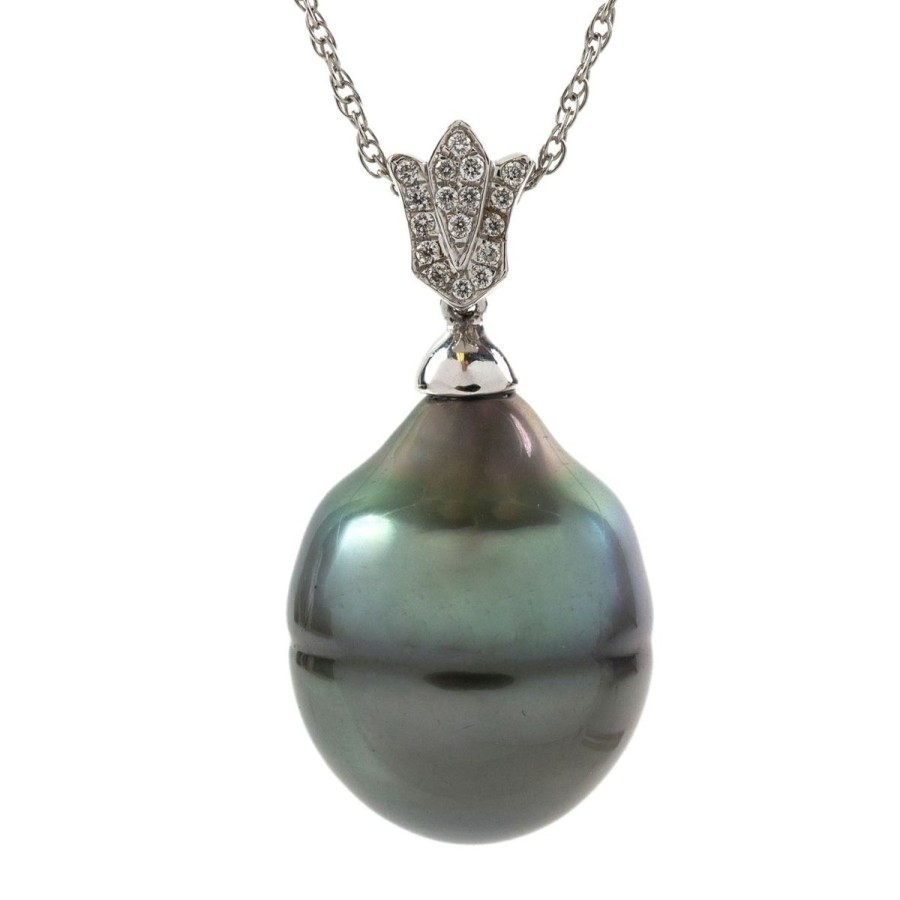 Gem Shopping Nosso Collection Cultured Tahitian Pearl And Diamond Pendant In 18K White Gold | Pearl