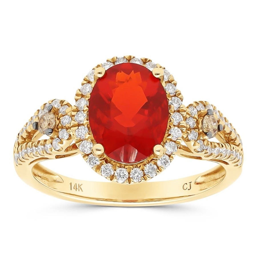 Gem Shopping Cirari Couture Jewels Fire Opal And Diamond Halo Ring In 14K Yellow Gold | Fire Opal