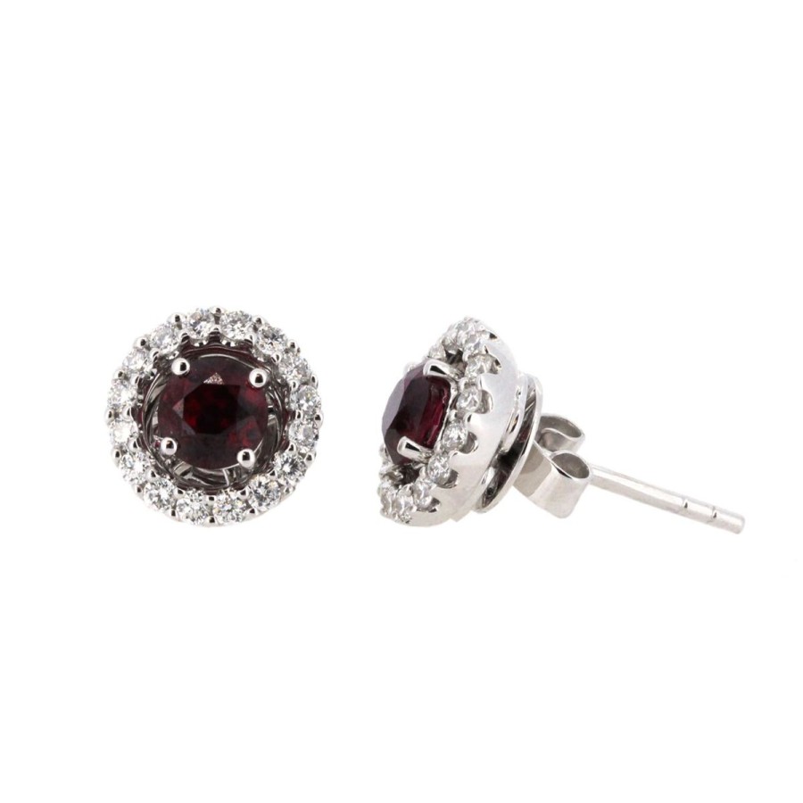 Gem Shopping Ruby And Diamond Halo Stud Earrings In 18K White Gold | Ruby