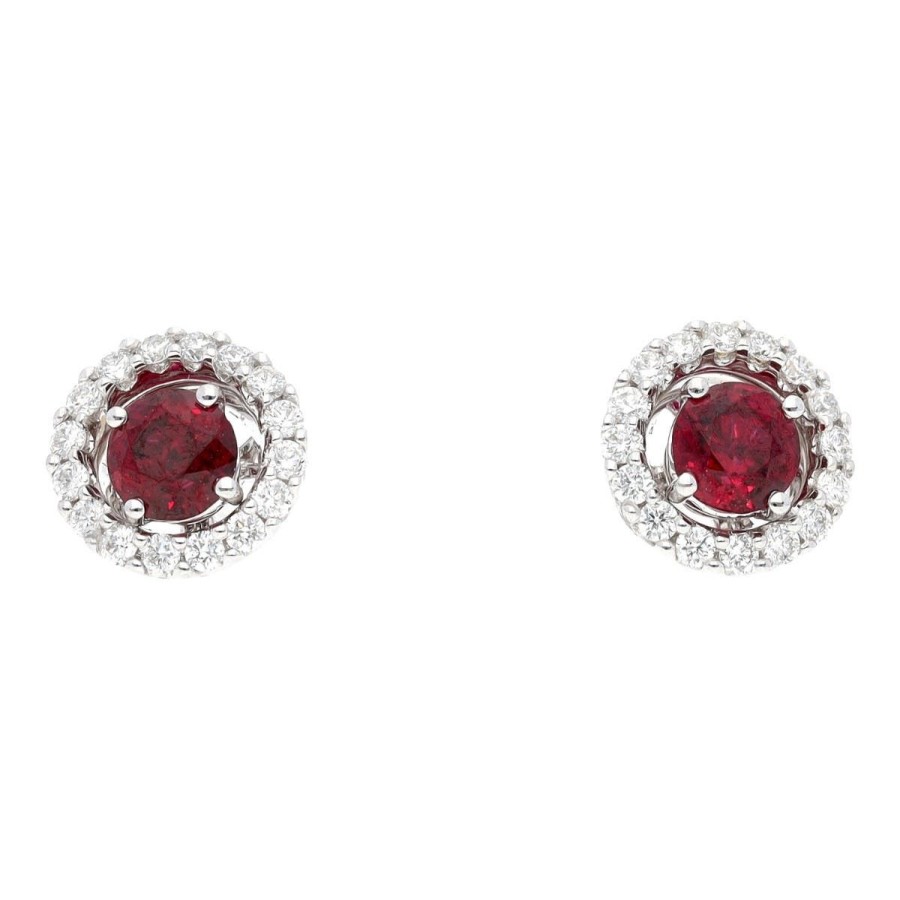 Gem Shopping Ruby And Diamond Halo Stud Earrings In 18K White Gold | Ruby