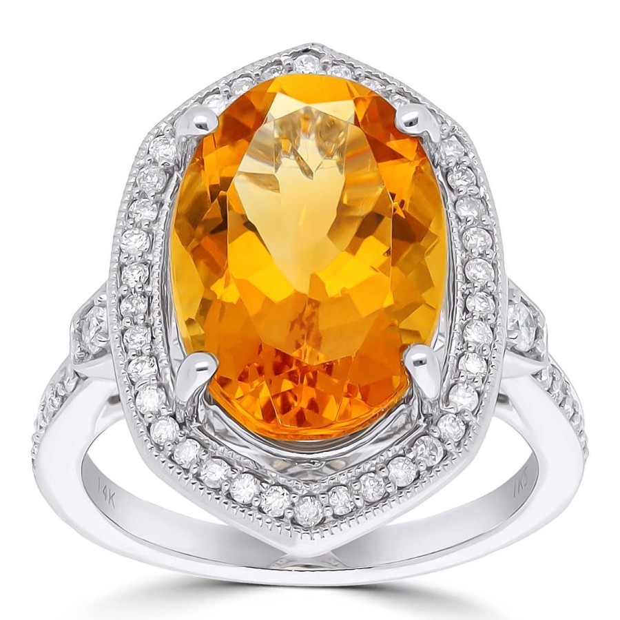 Gem Shopping Citrine And Diamond Halo Ring In 14K White Gold | Citrine