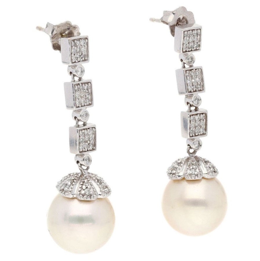 Gem Shopping Effy South Sea Pearl And Diamond Dangle Earrings In 14K White Gold | Pearl