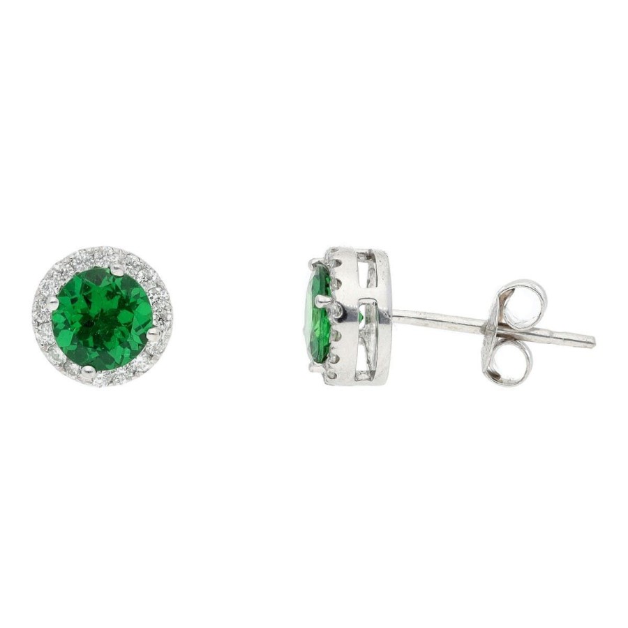 Gem Shopping Round Tsavorite Garnet And Diamond Stud Earrings In 14K White Gold | Garnet