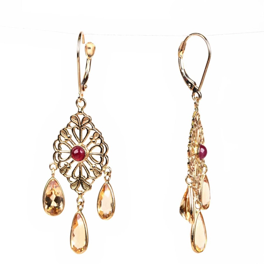 Gem Shopping Imperial Topaz And Ruby Chandelier Earrings In 14K Yellow Gold | Imperial Topaz