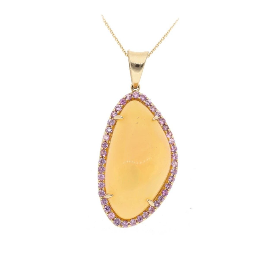 Gem Shopping Opal And Pink Sapphire Pendant In 14K Yellow Gold | Opal