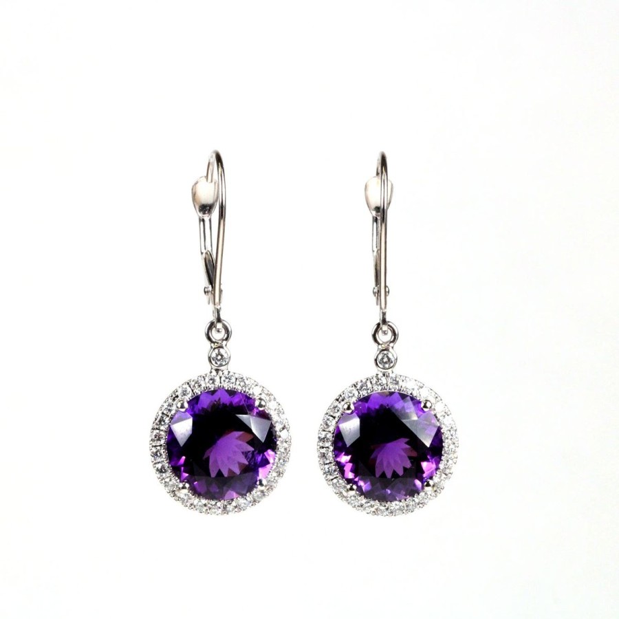 Gem Shopping Siberian Amethyst And Diamond Halo Drop Earrings In 14K White Gold | Amethyst