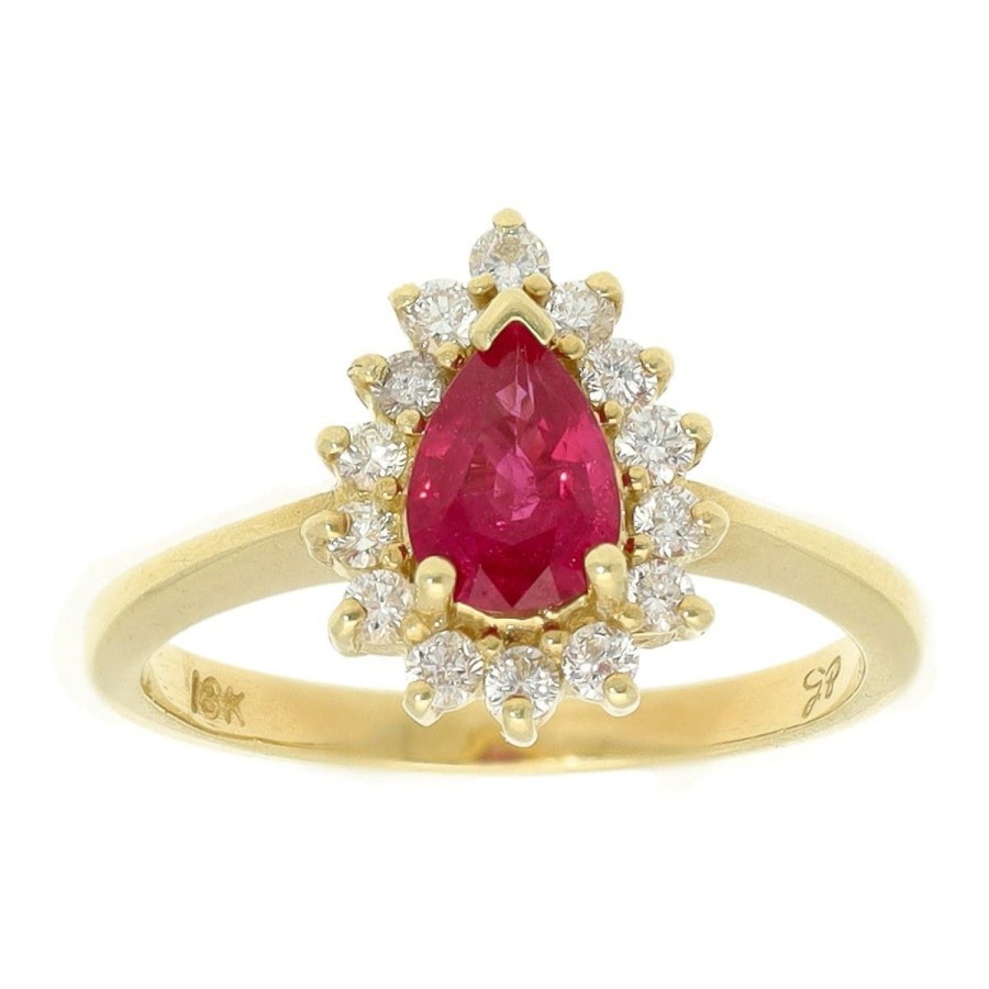 Gem Shopping Pear Ruby And Diamond Halo Ring In 18K Yellow Gold | Ruby