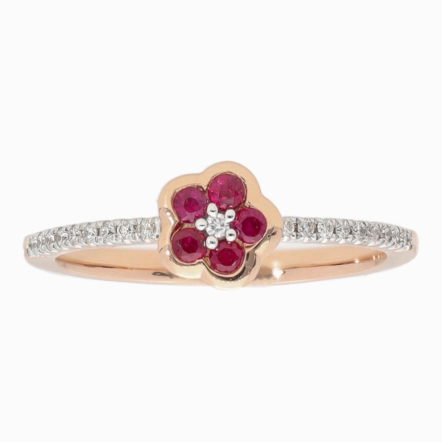 Gem Shopping Kallati Ruby And Diamond Flower Ring In 14K 2 Tone Gold | Ruby