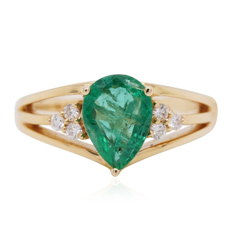 Gem Shopping Gem Bleu Pear Emerald And Diamond Ring In 14K Yellow Gold | Emerald