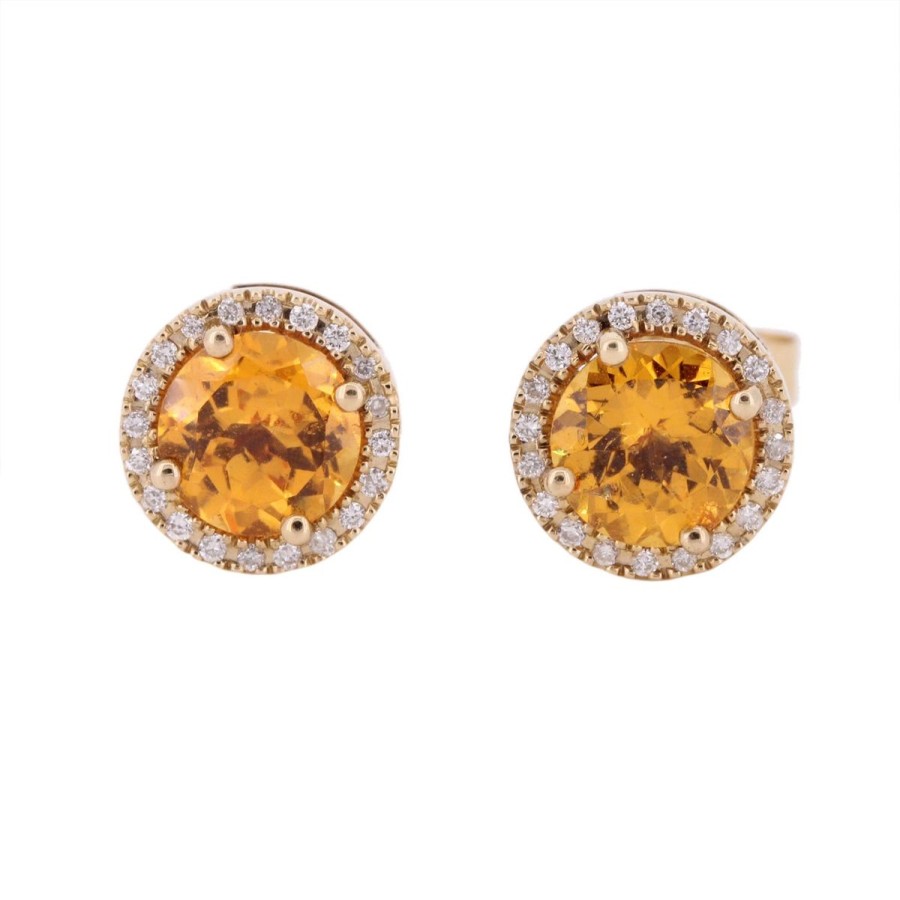 Gem Shopping Mandarin Garnet And Diamond Halo Stud Earrings In 14K Yellow Gold | Garnet