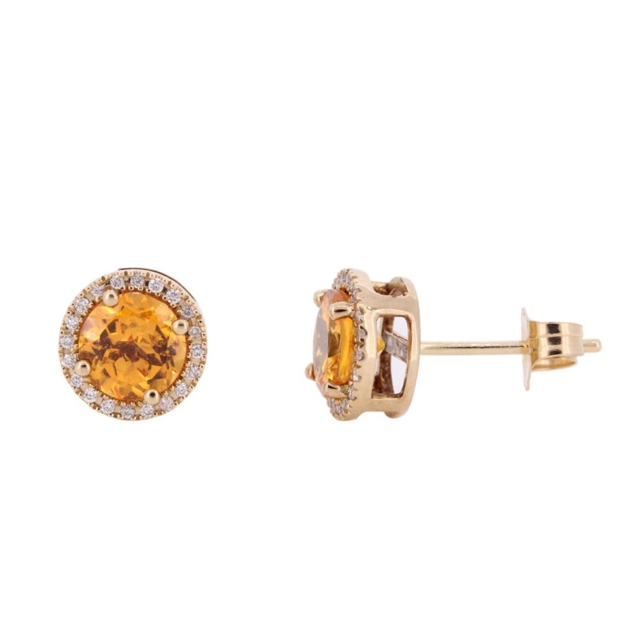 Gem Shopping Mandarin Garnet And Diamond Halo Stud Earrings In 14K Yellow Gold | Garnet